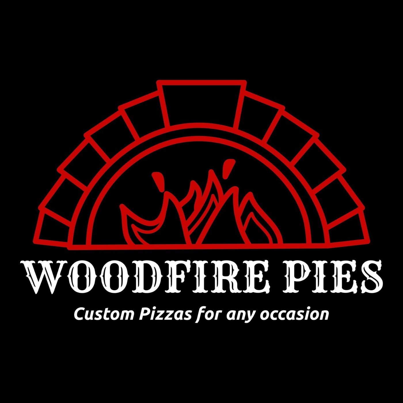 The Woodfire Pies brand mark on a dark backdrop.