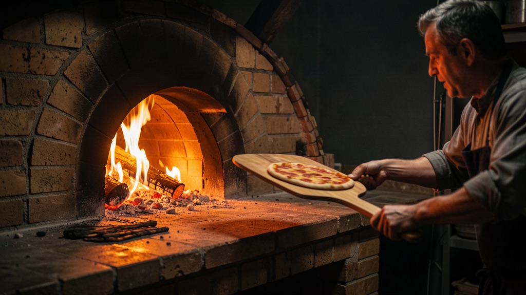 A glowing wood-fired pizza oven with a pizzaiolo launching a pie on a wooden peel